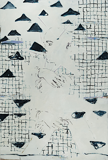 Antony Valerian: Mona Lisas Hands #8, 2020, oil on wood, 207 x 140 cm 

